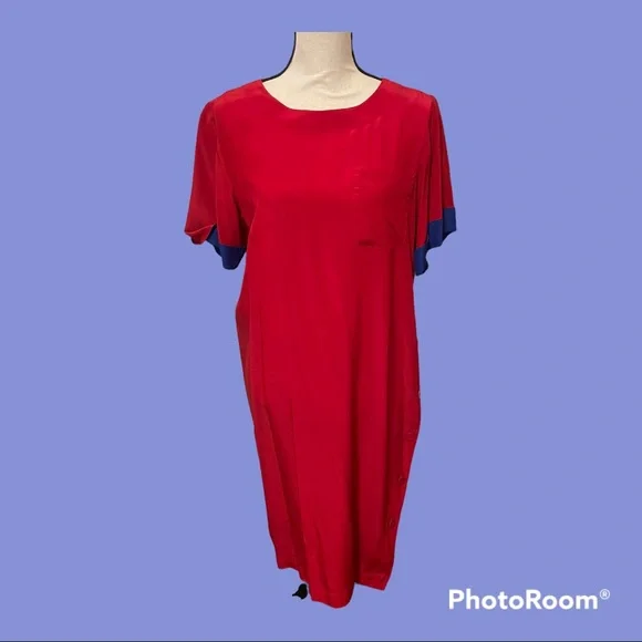 Vintage 80’s Liz Claiborne silk red dress color block sleeves midi front pocket - Picture 1 of 9